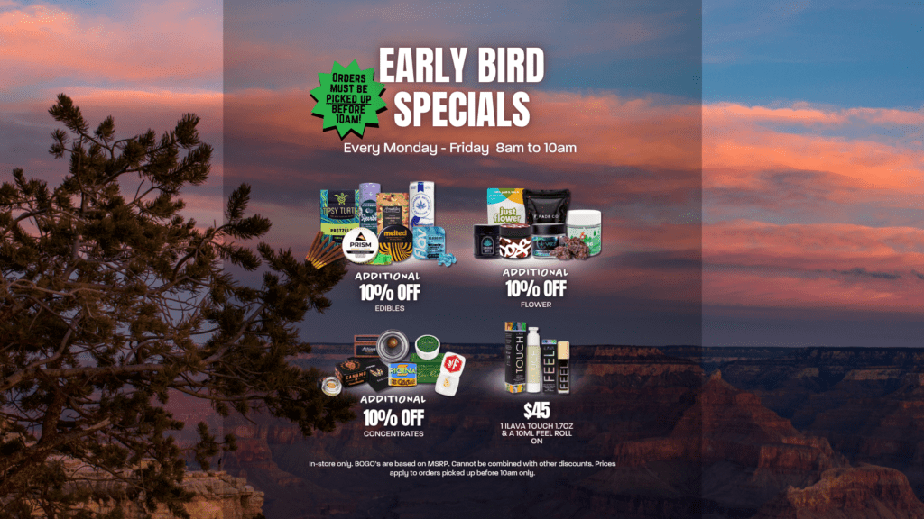 Promotional banner for Early Bird Specials with a green starburst sign about pickup before 10am and various discounted products in a sunset background.